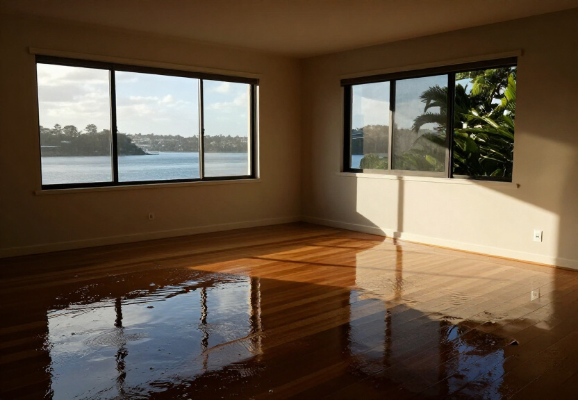 Flood-damaged living room in Balgowlah before restoration
